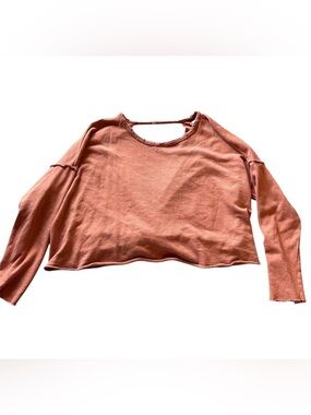 aerie Cropped Long-Sleeve Crewneck Top in light coral color